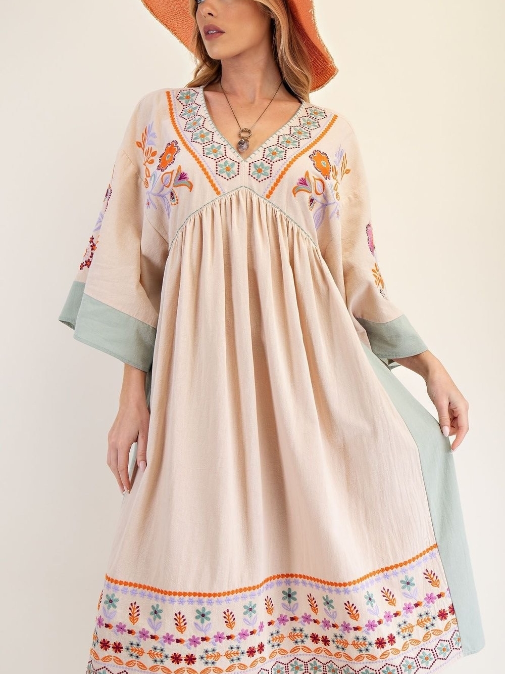 EUC Easel Oversized Small Embroidered Cream Midi Dress with Sage Accents